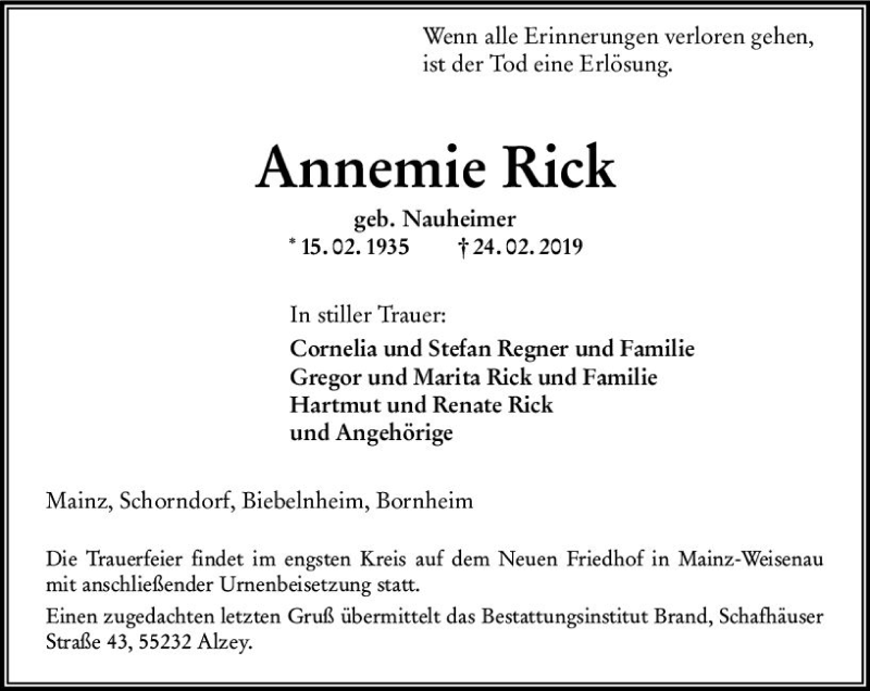  Traueranzeige für Annemie Rick vom 02.03.2019 aus vrm-trauer