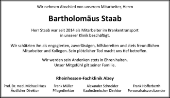 Traueranzeige von Bartholomäus Staab von vrm-trauer