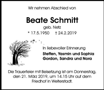 Traueranzeige von Beate Schmitt von vrm-trauer
