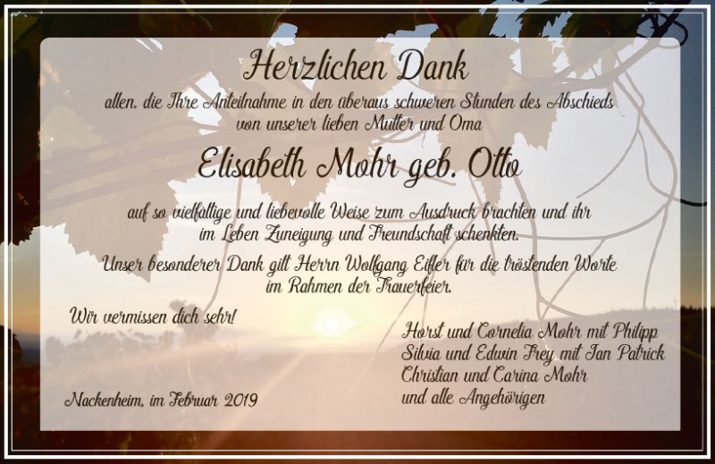  Traueranzeige für Elisabeth Mohr vom 23.03.2019 aus vrm-trauer