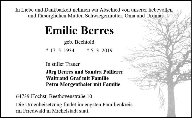  Traueranzeige für Emilie Berres vom 09.03.2019 aus vrm-trauer