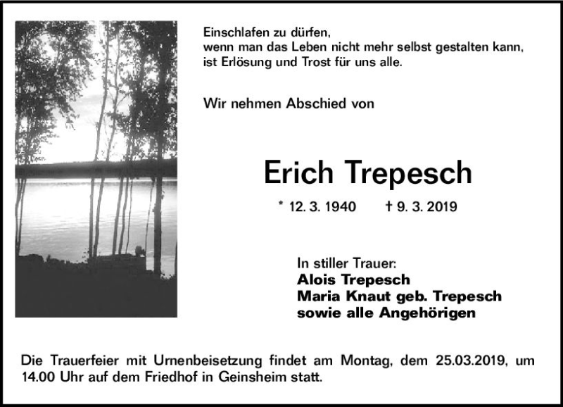  Traueranzeige für Erich Trepesch vom 21.03.2019 aus vrm-trauer
