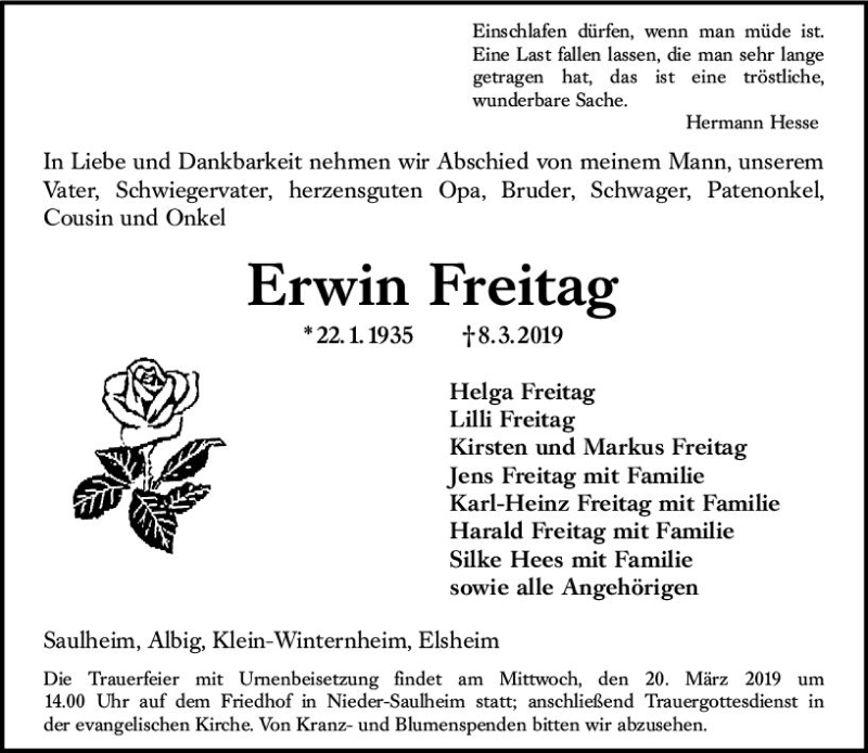  Traueranzeige für Erwin Freitag vom 16.03.2019 aus vrm-trauer
