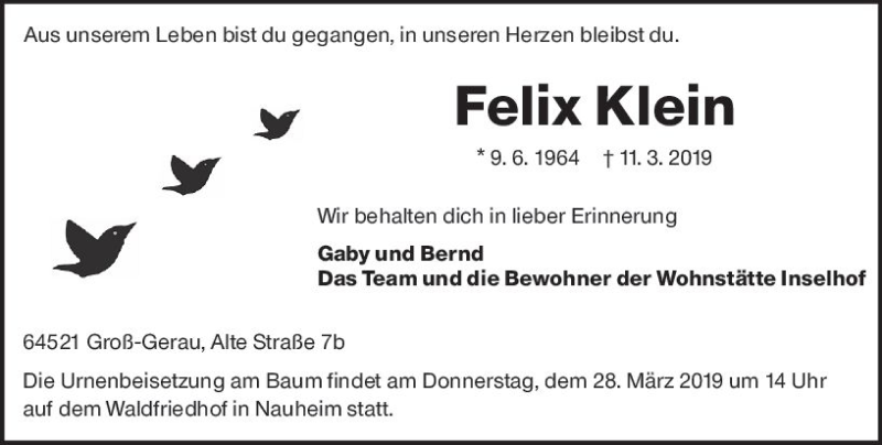  Traueranzeige für Felix Klein vom 23.03.2019 aus vrm-trauer