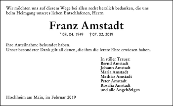 Traueranzeige von Franz Amstadt von vrm-trauer