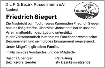Traueranzeige von Friedrich Siegert von vrm-trauer