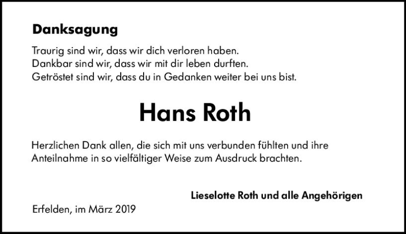  Traueranzeige für Hans Roth vom 16.03.2019 aus vrm-trauer