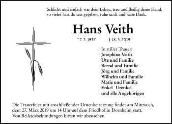Traueranzeige von Hans Veith von vrm-trauer