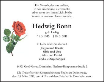 Traueranzeige von Hedwig Bonn von vrm-trauer