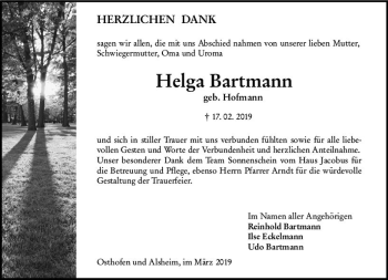 Traueranzeige von Helga Bartmann von vrm-trauer