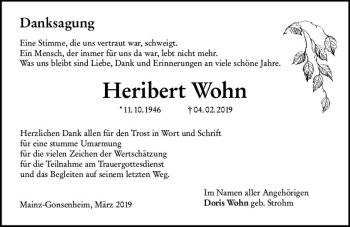Traueranzeige von Heribert Wohn von vrm-trauer