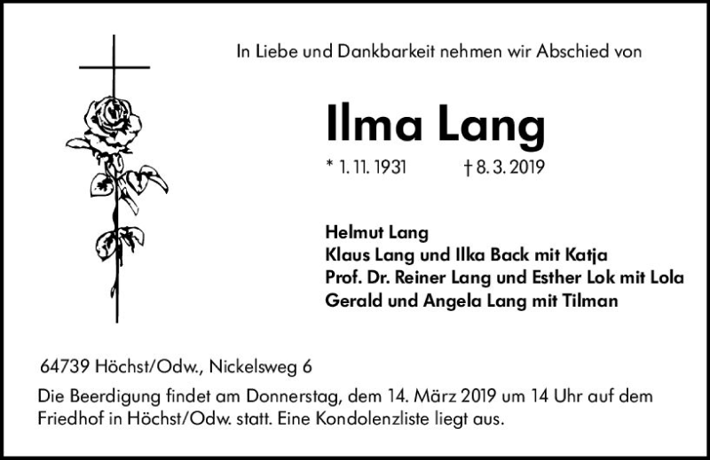 Traueranzeige für Ilma Lang vom 12.03.2019 aus vrm-trauer