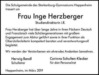 Traueranzeige von Inge Herzberger von vrm-trauer