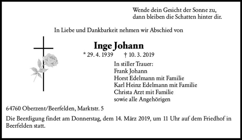  Traueranzeige für Inge Johann vom 13.03.2019 aus vrm-trauer