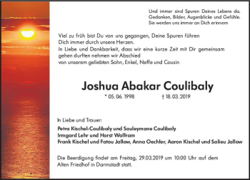 Traueranzeige von Joshua Abakar Coulibaly von vrm-trauer