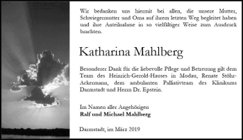 Traueranzeige von Katharina Mahlberg von vrm-trauer