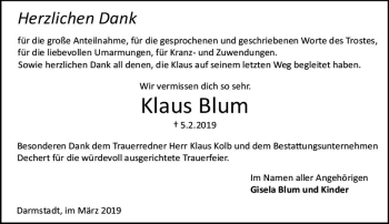 Traueranzeige von Klaus Blum von vrm-trauer