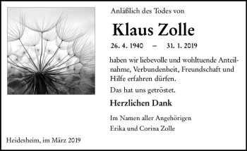 Traueranzeige von Klaus Zolle von vrm-trauer