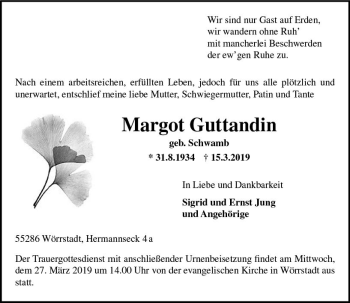 Traueranzeige von Margot Guttandin von vrm-trauer