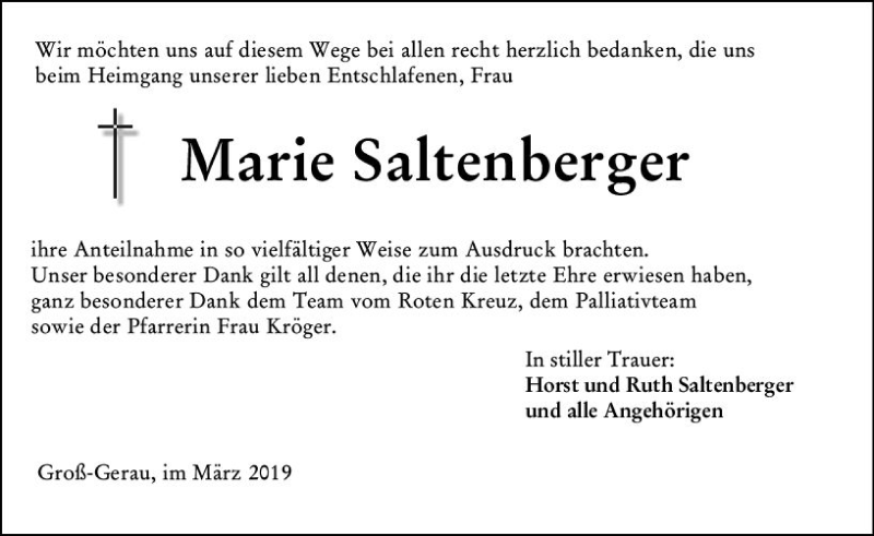  Traueranzeige für Marie Saltenberger vom 30.03.2019 aus vrm-trauer
