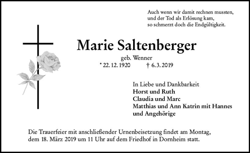  Traueranzeige für Marie Saltenberger vom 16.03.2019 aus vrm-trauer