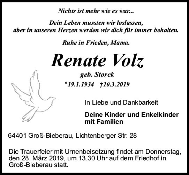  Traueranzeige für Renate Volz vom 23.03.2019 aus vrm-trauer