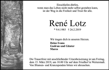 Traueranzeige von René Lotz von vrm-trauer