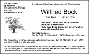 Traueranzeige von Wilfried Bock von vrm-trauer