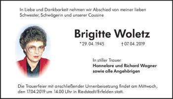 Traueranzeige von Brigitte Woletz von vrm-trauer