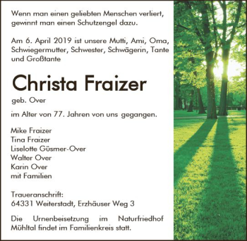 Traueranzeige von Christa Fraizer von vrm-trauer