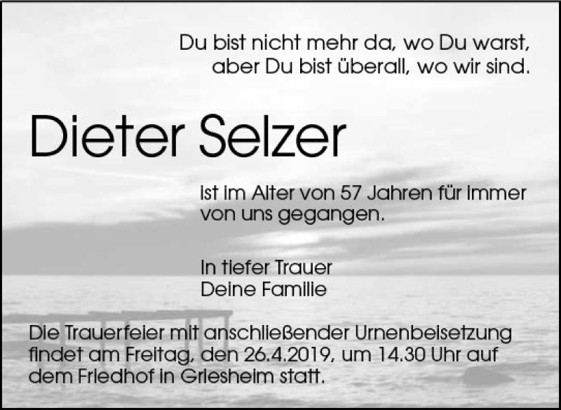  Traueranzeige für Dieter Selzer vom 20.04.2019 aus vrm-trauer