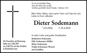 Traueranzeige von Dieter Sodemann von vrm-trauer