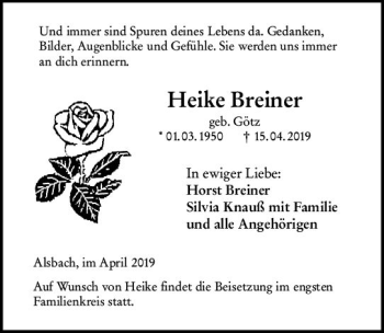 Traueranzeige von Heike Breiner von vrm-trauer