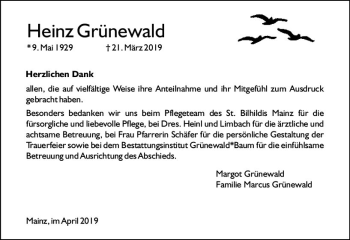 Traueranzeige von Heinz Grünewald von vrm-trauer
