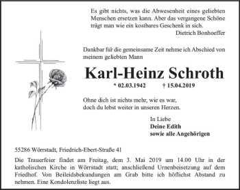 Traueranzeige von Karl-Heinz Schroth von vrm-trauer