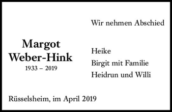Traueranzeige von Margot Weber-Hink von vrm-trauer