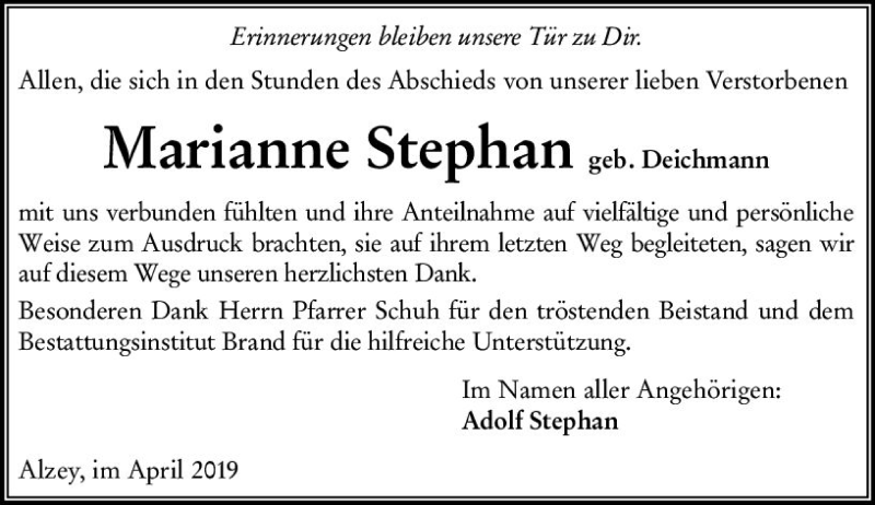  Traueranzeige für Marianne Stephan vom 27.04.2019 aus vrm-trauer