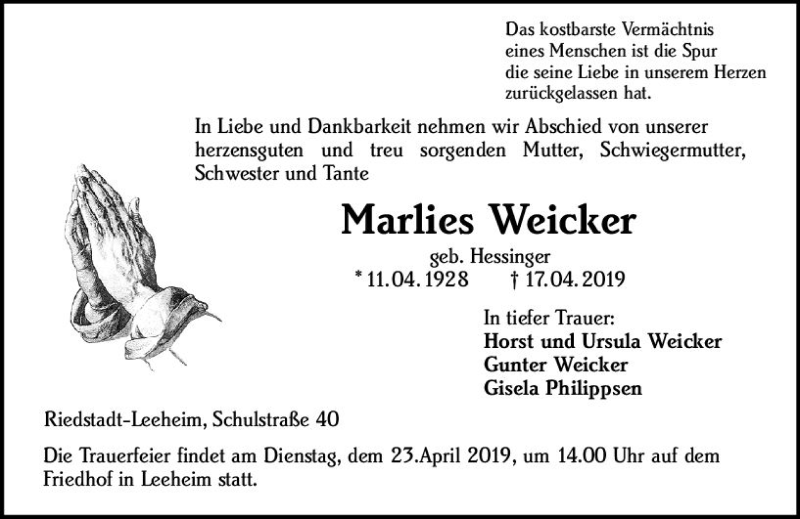  Traueranzeige für Marlies Weicker vom 20.04.2019 aus vrm-trauer