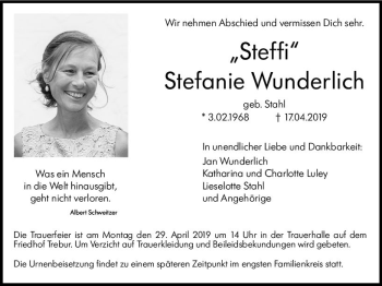 Traueranzeige von Stefanie Wunderlich von vrm-trauer