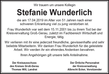 Traueranzeige von Stefanie Wunderlich von vrm-trauer