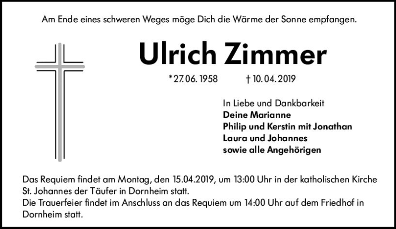  Traueranzeige für Ulrich Zimmer vom 13.04.2019 aus vrm-trauer