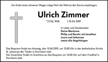 Traueranzeige von Ulrich Zimmer von vrm-trauer