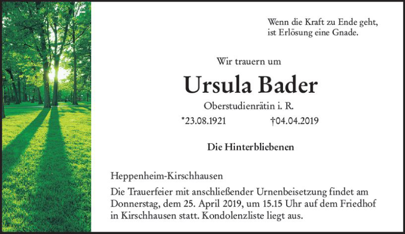  Traueranzeige für Ursula Bader vom 18.04.2019 aus vrm-trauer