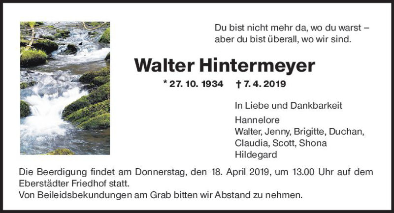  Traueranzeige für Walter Hintermeyer vom 13.04.2019 aus vrm-trauer