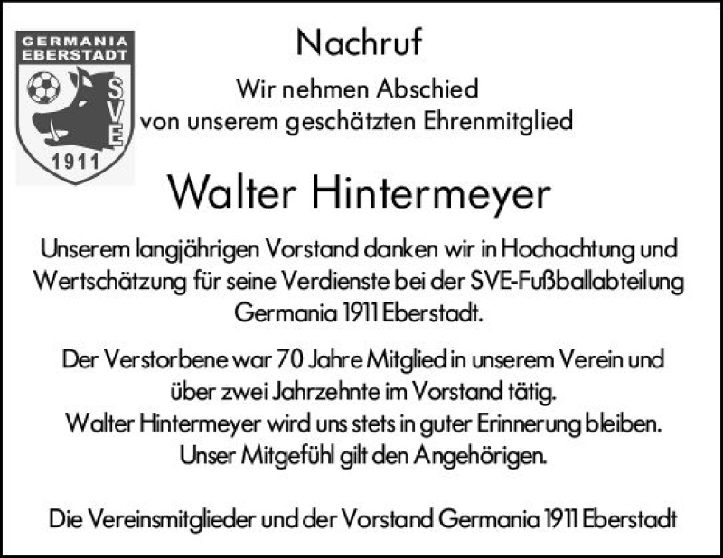  Traueranzeige für Walter Hintermeyer vom 20.04.2019 aus vrm-trauer