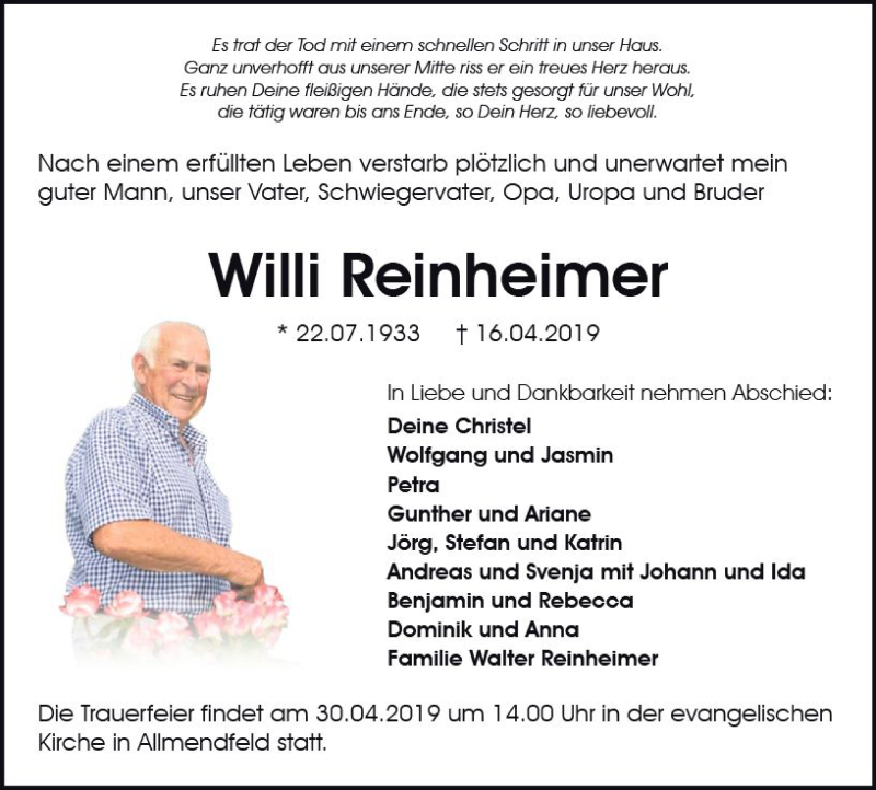  Traueranzeige für Willi Reinheimer vom 26.04.2019 aus vrm-trauer