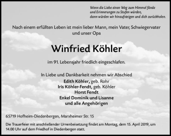 Traueranzeige von Winfried Köhler von vrm-trauer