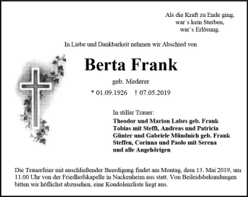 Traueranzeige von Berta Frank von vrm-trauer