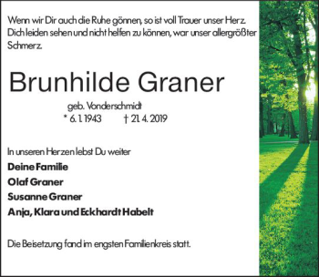 Traueranzeige von Brunhilde Graner von vrm-trauer