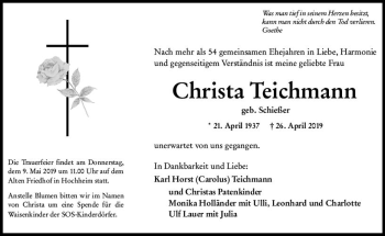 Traueranzeige von Christa Teichmann von vrm-trauer